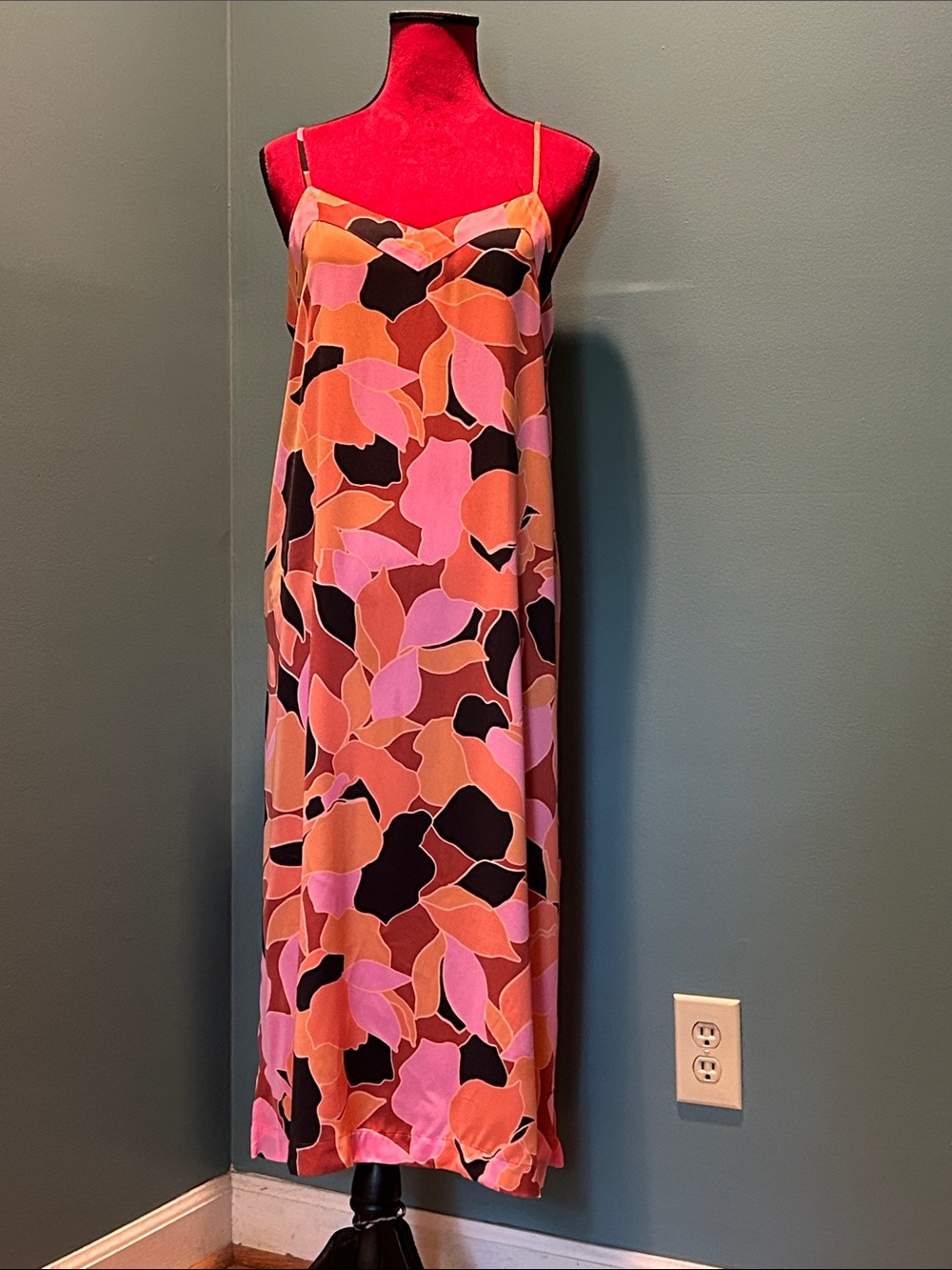 Sanctuary Pink Orange Black Leaf Print Slip Dress Chemise Size Medium